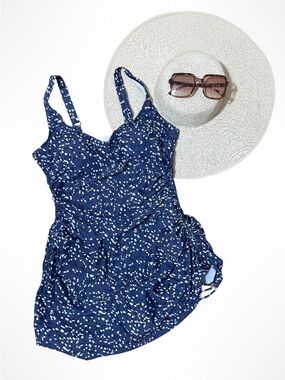 Navy Blue Printed One-Piece Swimdress with Adjustable Straps